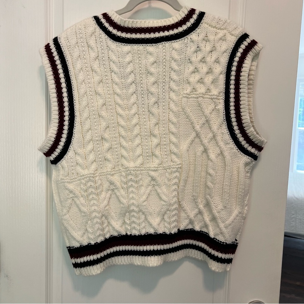 Cable Knit Sweater Vest Cream Sporty Stripes Size Large - Picture 4 of 9